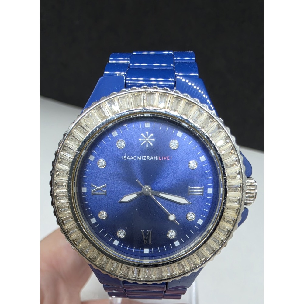 Isaac Mizrahi Live! Slate Blue w/Crystal Bezel Ceramic Link Ladies Wristwatch